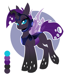 Size: 950x1078 | Tagged: safe, artist:silkensaddle, oc, oc only, species:changeling, changeling queen, changeling queen oc, commission, female, purple changeling, simple background, solo, transparent background