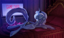 Size: 6020x3592 | Tagged: safe, artist:eqamrd, character:princess luna, species:alicorn, species:pony, bedroom, explicit source, female, game over, mare, moonbutt, plot, prone, solo