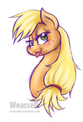 Size: 674x1000 | Tagged: safe, artist:weasselk, character:applejack, bedroom eyes, eyelashes, female, freckles, hatless, looking at you, missing accessory, solo, tongue out