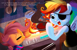 Size: 1275x825 | Tagged: safe, artist:bunnimation, character:rainbow dash, character:scootaloo, species:pegasus, species:pony, cooking, crossover, eyepatch, fire, food, frisk, friskaloo, knife, meatballs, open mouth, pasta, rainbowdyne, smoke, spaghetti, stove, undertale, undyne