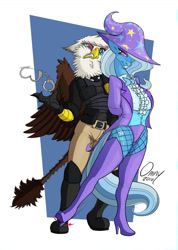 Size: 800x1123 | Tagged: safe, artist:omny87, character:trixie, oc, oc:iris ironhide, species:anthro, species:griffon, arrested, boots, clothing, gloves, hand cuffs, high heel boots, high heels, police officer