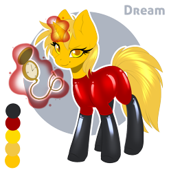 Size: 950x952 | Tagged: safe, artist:silkensaddle, oc, oc only, oc:dream searcher, species:pony, species:unicorn, catsuit, clothing, commission, female, glowing horn, horn, latex, latex boots, latex socks, latex suit, magic, mare, pendulum swing, pocket watch, simple background, socks, solo, telekinesis, transparent background