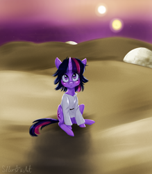 Size: 2100x2400 | Tagged: safe, artist:silbersternenlicht, character:twilight sparkle, binary sunset, clothing, crossover, female, looking up, luke skywalker, messy mane, sitting, solo, star wars, tatooine, two suns