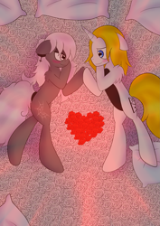 Size: 2507x3541 | Tagged: safe, artist:sojek, oc, oc only, oc:bakchus, oc:mingle, species:earth pony, species:pony, species:unicorn, bed, female, flower, gothic, love, male, minchus, oc x oc, pillow, red rose, rose, shipping, straight, white rose