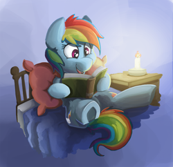 Size: 1600x1546 | Tagged: safe, artist:saxopi, character:rainbow dash, bed, candle, female, reading, solo, underhoof