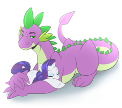 Size: 1077x950 | Tagged: safe, artist:silkensaddle, character:rarity, character:spike, ship:sparity, female, male, older, older spike, shipping, size difference, sleeping, straight