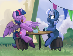Size: 3939x3048 | Tagged: safe, artist:saxopi, character:twilight sparkle, character:twilight sparkle (alicorn), oc, oc:silverlay, species:alicorn, species:pony, cup, female, laughing, mare, table