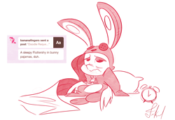 Size: 2900x2000 | Tagged: safe, artist:fluttershythekind, character:fluttershy, alarm clock, bed, bunny pajamas, clothing, female, footed sleeper, monochrome, pajamas, pillow, solo