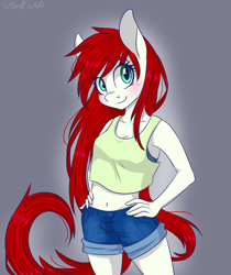 Size: 2100x2500 | Tagged: safe, artist:silbersternenlicht, oc, oc only, oc:primavera, species:anthro, adorasexy, belly button, booty shorts, clothing, commission, cute, eyebrows, eyebrows visible through hair, hand on hip, looking at you, midriff, sexy, short shirt, shorts, signature, solo, tank top