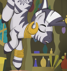 Size: 1049x1106 | Tagged: safe, artist:virenth, character:zecora, species:zebra, eyes closed, female, meditation, moaning, muscle control, open mouth, solo, suspended, tiptoe, zecora's hut