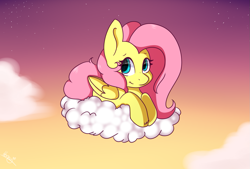 Size: 1277x865 | Tagged: safe, artist:ohhoneybee, character:fluttershy, species:pegasus, species:pony, cloud, female, folded wings, looking at you, mare, on a cloud, prone, sky, smiling, solo, three quarter view, twilight (astronomy), wings