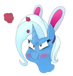 Size: 2100x2200 | Tagged: safe, artist:dragonpone, derpibooru original, character:trixie, species:pony, species:unicorn, angry, blushing, bunny ears, easter, embarrassed, female, mare, simple background, solo