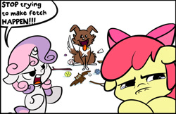 Size: 600x388 | Tagged: safe, artist:bunnimation, character:apple bloom, character:sweetie belle, character:winona, species:owl, ball, dialogue, fetch, mean girls, speech bubble, stick, tree branch