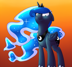Size: 800x745 | Tagged: safe, artist:victoreach, character:princess luna, angry, female, gradient background, looking at you, looking down, looking down at you, luna is not amused, orange background, simple background, solo, unamused