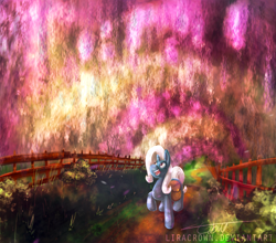 Size: 2347x2070 | Tagged: safe, artist:liracrown, character:trixie, species:pony, species:unicorn, archway, bush, digital painting, dirt road, female, fence, garden, happy, lineless, mare, path, psychedelic, saddle bag, spring, tunnel, wisteria, wooden fence