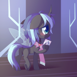 Size: 1024x1024 | Tagged: safe, artist:riouku, character:shining armor, oc, oc only, parent:queen chrysalis, parent:shining armor, parents:shining chrysalis, species:changeling, species:changepony, species:pony, blue changeling, blushing, crying, cuteling, featureless crotch, female, floppy ears, hybrid, mare, offspring, photo, solo, underhoof