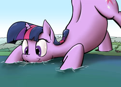 Size: 1920x1371 | Tagged: safe, artist:shieltar, part of a set, character:twilight sparkle, character:twilight sparkle (unicorn), species:pony, species:unicorn, comic:giant twilight, crouching, drinking, female, giant pony, growth, macro, ocean, part of a series, solo