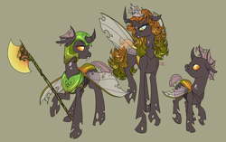 Size: 1943x1224 | Tagged: safe, artist:sourcherry, oc, oc only, unnamed oc, species:changeling, armor, axe, battle axe, brown changeling, changeling queen, changeling queen oc, changeling soldier, female, gray background, jewelry, simple background, soldier, tiara, weapon