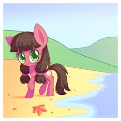 Size: 1024x1024 | Tagged: safe, artist:riouku, oc, oc:macdolia, species:earth pony, species:pony, beach, chibi, cute, female, mare, pigtails, smiling, starfish