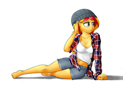 Size: 1024x753 | Tagged: safe, artist:victoreach, character:sunset shimmer, my little pony:equestria girls, barefoot, beanie, belly button, clothing, feet, female, grunge, hat, simple background, solo, white background