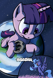 Size: 2000x2933 | Tagged: safe, artist:shieltar, part of a set, character:princess luna, character:twilight sparkle, character:twilight sparkle (unicorn), species:pony, species:unicorn, comic:giant twilight, angry, cloud, comic, cute, dialogue, edible heavenly object, giant pony, giantess, i think twilight sparkle is not listening because she is to huge, luna is not amused, macro, mega twilight sparkle, moon, part of a series, planet, size difference, stars, tangible heavenly object, yelling