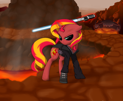 Size: 800x661 | Tagged: safe, artist:victoreach, character:sunset satan, character:sunset shimmer, species:pony, species:unicorn, g4, my little pony:equestria girls, anakin skywalker, crossover, darth vader, demon, equestria girls ponified, female, lightsaber, mustafar, ponified, revenge of the sith, sith, solo, star wars, sunset satan, weapon
