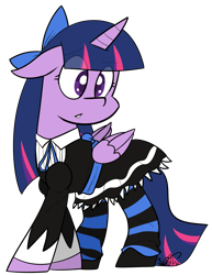 Size: 2049x2653 | Tagged: safe, artist:befishproductions, character:twilight sparkle, character:twilight sparkle (alicorn), species:alicorn, species:pony, blue mane, blue tail, clothing, cosplay, costume, eyelashes, female, goth, horn, long mane, long tail, mare, panty and stocking with garterbelt, pink mane, pink tail, purple mane, purple tail, ribbon, signature, simple background, solo, stockings, tail, thigh highs, white background, wings