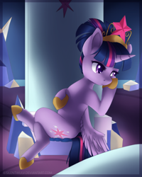 Size: 800x1000 | Tagged: safe, artist:silentwulv, character:twilight sparkle, character:twilight sparkle (alicorn), species:alicorn, species:pony, alternate hairstyle, crossed legs, female, friendship throne, hoof on chin, horseshoes, mare, solo, throne, throne slouch