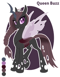 Size: 950x1219 | Tagged: safe, artist:silkensaddle, oc, oc only, oc:busy buzz, species:changeling, braid, brown changeling, changeling queen, changeling queen oc, female, solo