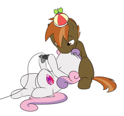 Size: 1687x1572 | Tagged: safe, artist:victoreach, character:button mash, character:sweetie belle, buttonbetes, commission, controller, cute, diasweetes, eyes closed, female, kissing, male, on back, shipping, sitting, straight, sweetiemash, video game