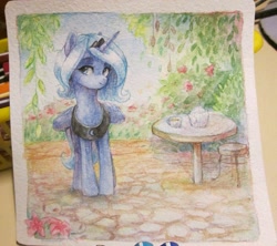 Size: 1153x1024 | Tagged: safe, artist:aphphphphp, character:princess luna, female, looking at you, s1 luna, solo, table, traditional art, tree, watercolor painting
