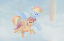 Size: 1280x833 | Tagged: safe, artist:aphphphphp, character:rainbow dash, character:scootaloo, species:pegasus, species:pony, cloud, duo, flying, rainbow, scootaloo can fly, scootalove