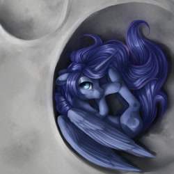 Size: 1280x1280 | Tagged: safe, artist:aphphphphp, character:princess luna, species:alicorn, species:pony, crater, cute, female, looking at you, lunabetes, lying down, mare, moon, on side, solo