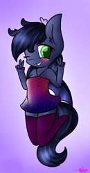 Size: 943x1811 | Tagged: safe, artist:ashee, oc, oc only, oc:halfmoon, species:anthro, species:bat pony, blushing, clothing, dress, green eyes, heart, necklace, peace sign, solo, wink