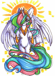 Size: 777x1074 | Tagged: safe, artist:tenebristayga, character:princess celestia, species:pony, female, fluffy, flying, mare, simple background, solo, sun, traditional art, transparent background