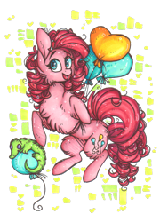 Size: 777x1078 | Tagged: dead source, safe, artist:tenebristayga, character:gummy, character:pinkie pie, balloon, female, fluffy, rearing, simple background, solo, then watch her balloons lift her up to the sky, traditional art, transparent background