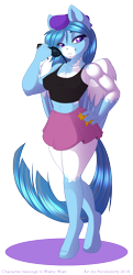 Size: 950x1962 | Tagged: safe, artist:silkensaddle, oc, oc only, oc:wish, species:anthro, species:pegasus, species:pony, species:unguligrade anthro, cap, clothing, female, grin, hat, hooves, mare, purple eyes, short skirt, skirt, solo, stars, sunglasses, tank top, wings