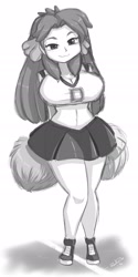 Size: 1230x2466 | Tagged: safe, artist:shonuff44, character:barb, character:spike, species:human, belly button, big breasts, bimbo, breasts, busty barb, cheerleader, cleavage, female, grayscale, humanized, midriff, monochrome, rule 63, solo