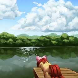 Size: 4000x4000 | Tagged: safe, artist:aphphphphp, character:apple bloom, absurd resolution, cloud, female, forest, lake, lying down, pier, prone, reflection, scenery, solo, sploot