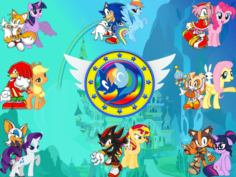 Size: 800x600 | Tagged: safe, artist:trungtranhaitrung, character:angel bunny, character:applejack, character:fluttershy, character:pinkie pie, character:rainbow dash, character:rarity, character:sonic the hedgehog, character:sunset shimmer, character:twilight sparkle, character:twilight sparkle (alicorn), character:twilight sparkle (scitwi), species:alicorn, species:pony, species:unicorn, my little pony:equestria girls, amy rose, canterlot castle, chao, cream the rabbit, crossover, equestria girls ponified, knuckles the echidna, logo, mane six, miles "tails" prower, ponified, pony sci-twi, rouge the bat, sega, shadow the hedgehog, sonic brony united league, sonic the hedgehog (series), sticks the badger, unicorn sci-twi