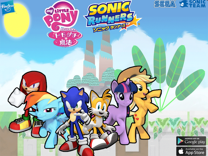 Size: 800x600 | Tagged: safe, artist:trungtranhaitrung, character:applejack, character:rainbow dash, character:sonic the hedgehog, character:twilight sparkle, android, app store, crossover, game, google play, hasbro, japanese, knuckles the echidna, logo, miles "tails" prower, sega, sonic runners, sonic team, sonic the hedgehog (series)