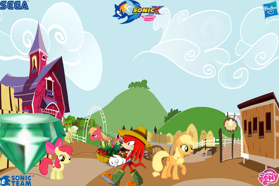 Size: 900x600 | Tagged: safe, artist:trungtranhaitrung, character:apple bloom, character:applejack, character:big mcintosh, character:granny smith, character:sonic the hedgehog, species:earth pony, species:pony, apple tree, barn, basket, boots, cart, clothing, corn, crossover, cucumber, egg mobile, food, fruit, hasbro, hat, hay, horseshoes, knuckles the echidna, logo, male, master emerald, my little pony logo, pepper, plants, rocking chair, sega, sonic team, sonic the hedgehog (series), stallion, straw hat, sweatcloth, sweet apple acres, tomato, watermelon