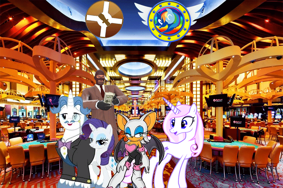 Size: 900x600 | Tagged: safe, artist:trungtranhaitrung, character:fancypants, character:fleur-de-lis, character:rarity, 1000 years in photoshop, casino, crossover, money, rouge the bat, sonic brony united league, sonic the hedgehog (series), spy, team fortress 2