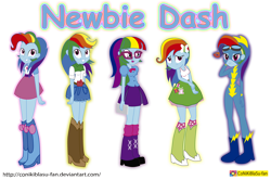 Size: 3750x2486 | Tagged: safe, artist:conikiblasu-fan, character:rainbow dash, episode:newbie dash, g4, my little pony: friendship is magic, my little pony:equestria girls, behaving like pinkie pie, book, boots, care mare, clothes swap, clothing, cowboy boots, denim skirt, dynamic dash, equestria girls interpretation, forthright filly, glasses, goggles, impersonating, manebow sparkle, open mouth, pleated skirt, rainbow fash, reading rainboom, scene interpretation, shoes, skirt, smiling, socks, tank top, wonderbolts uniform