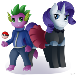 Size: 2832x2726 | Tagged: safe, artist:conrie, character:rarity, character:spike, ship:sparity, calem, crossover, female, male, pokéball, pokémon, serena (pokemon), shipping, straight