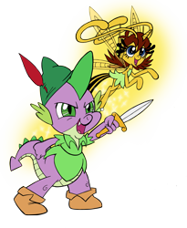 Size: 2551x3118 | Tagged: safe, artist:edcom02, artist:jmkplover, character:spike, species:breezies, breeziefied, clothing, cosplay, costume, crossover, dagger, disney, dress, duo, janet van dyne, marvel, peter pan, ponified, simple background, species swap, sword, tinkerbell, transparent background, wasp, weapon