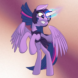 Size: 1280x1280 | Tagged: safe, artist:styroponyworks, character:twilight sparkle, character:twilight sparkle (alicorn), species:alicorn, species:pony, action pose, armor, badass, female, gritted teeth, helmet, magic, mare, rearing, solo, spread wings, wings