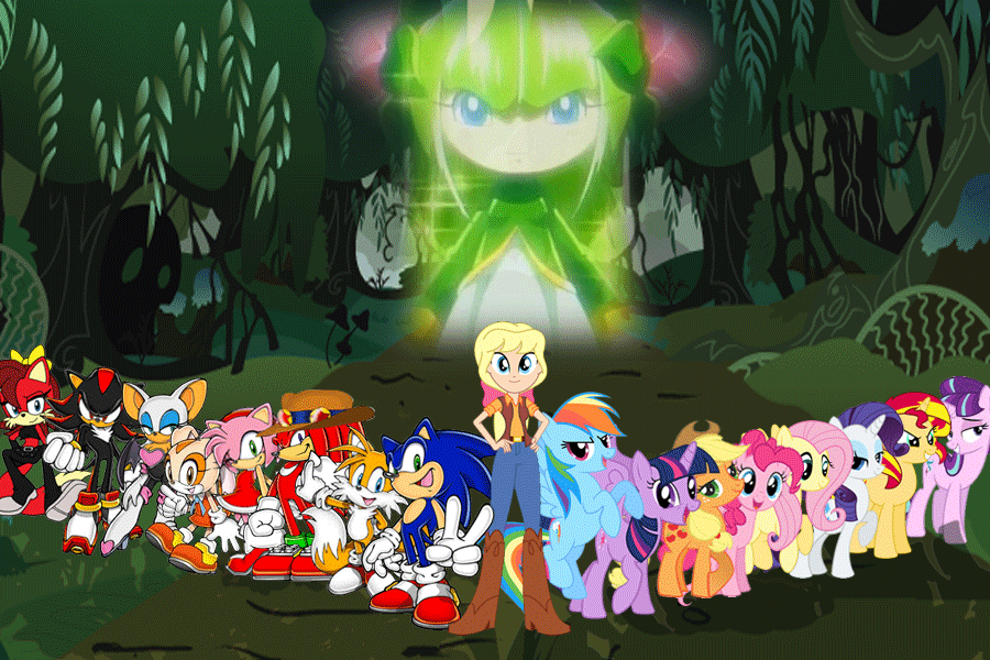 Size: 900x600 | Tagged: safe, artist:trungtranhaitrung, character:applejack, character:fluttershy, character:megan williams, character:pinkie pie, character:rainbow dash, character:rarity, character:sonic the hedgehog, character:starlight glimmer, character:sunset shimmer, character:twilight sparkle, character:twilight sparkle (alicorn), species:alicorn, species:earth pony, species:pegasus, species:pony, species:unicorn, amy rose, cosmo the seedrian, cream the rabbit, crossover, everfree forest, female, fiona fox, knuckles the echidna, mane six, mare, miles "tails" prower, rouge the bat, shadow the hedgehog, sonic the hedgehog (series), sonic x