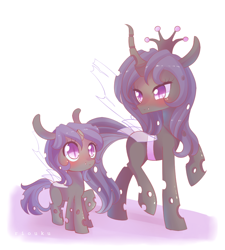Size: 900x1000 | Tagged: safe, artist:riouku, oc, oc only, oc:amethyst, oc:ember song, parent:oc:ember song, species:changeling, changeling oc, changeling queen, changeling queen oc, female, filly, mother and daughter, nymph, offspring, purple changeling, raised hoof, smiling