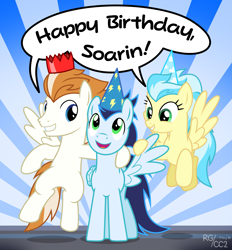 Size: 2779x3000 | Tagged: safe, artist:chainchomp2, character:fire streak, character:misty fly, character:soarin', species:pegasus, species:pony, birthday, clothing, female, gift art, happy birthday, hat, high res, male, mare, party hat, stallion, sunburst background, vector, wonderbolts
